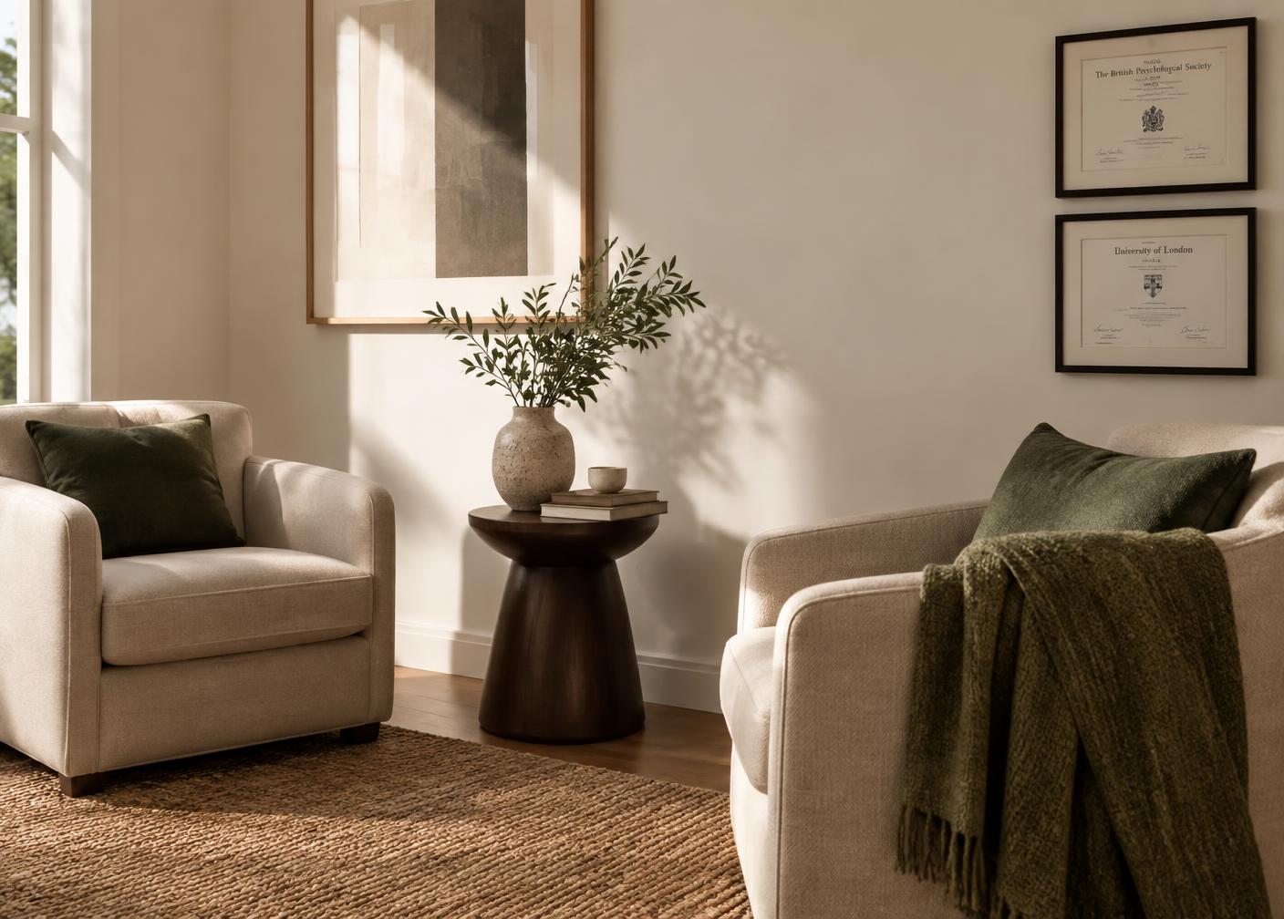Detalhe de um espaço de atendimento com luz natural