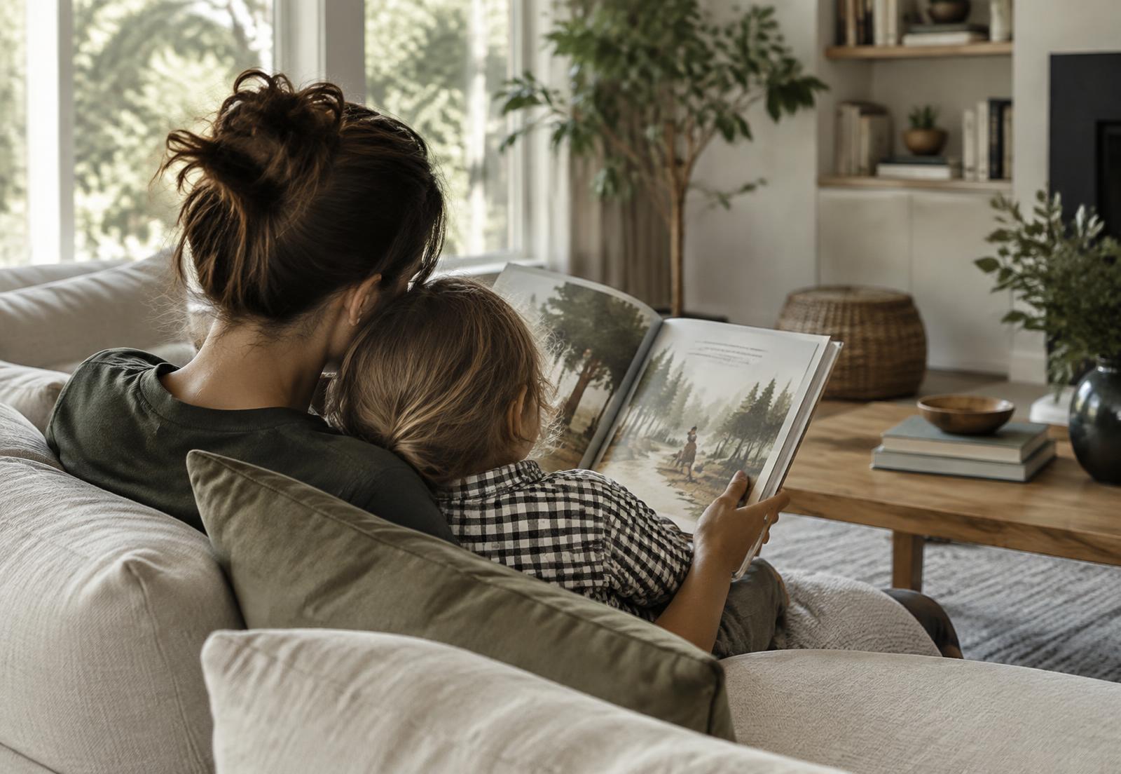 Mãe e filho lendo um livro juntos no sofá